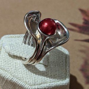 Contemporary Set of Sterling Silver & Red Pearl Stack Rings